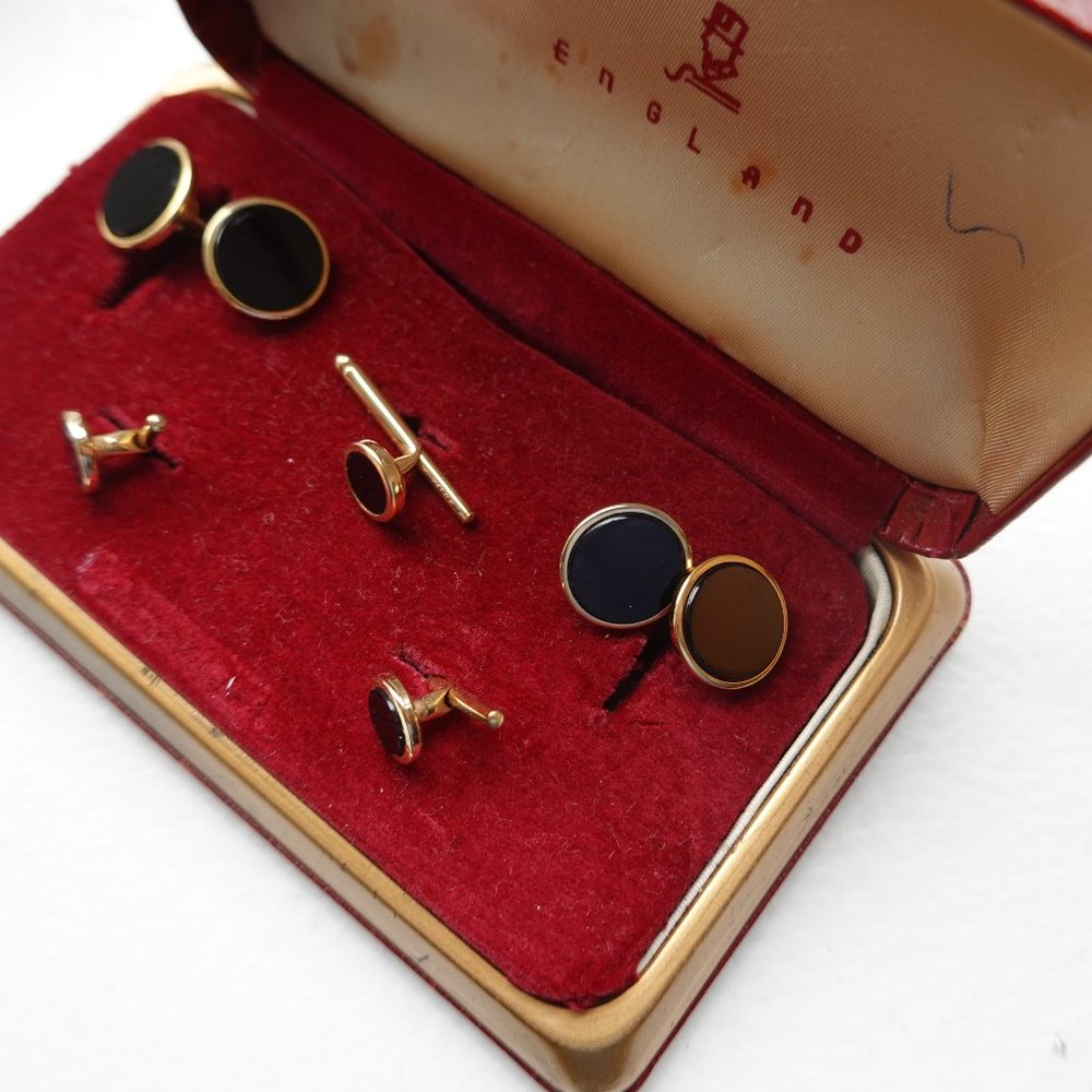 Black Gold Filled Tuxedo Cufflinks and Studs in Original Leather Vintage Box
